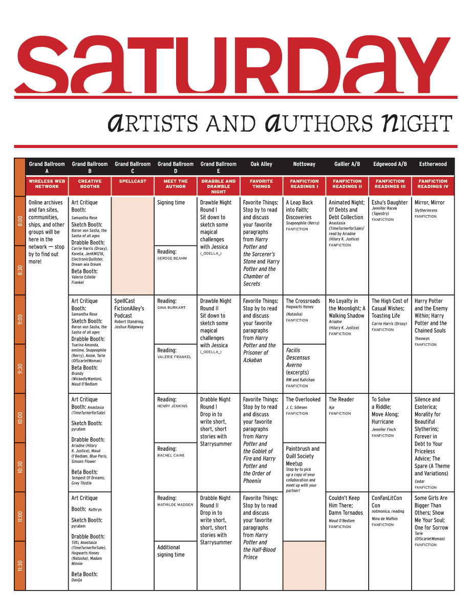Saturday Artists and Authors Night Schedule Grid